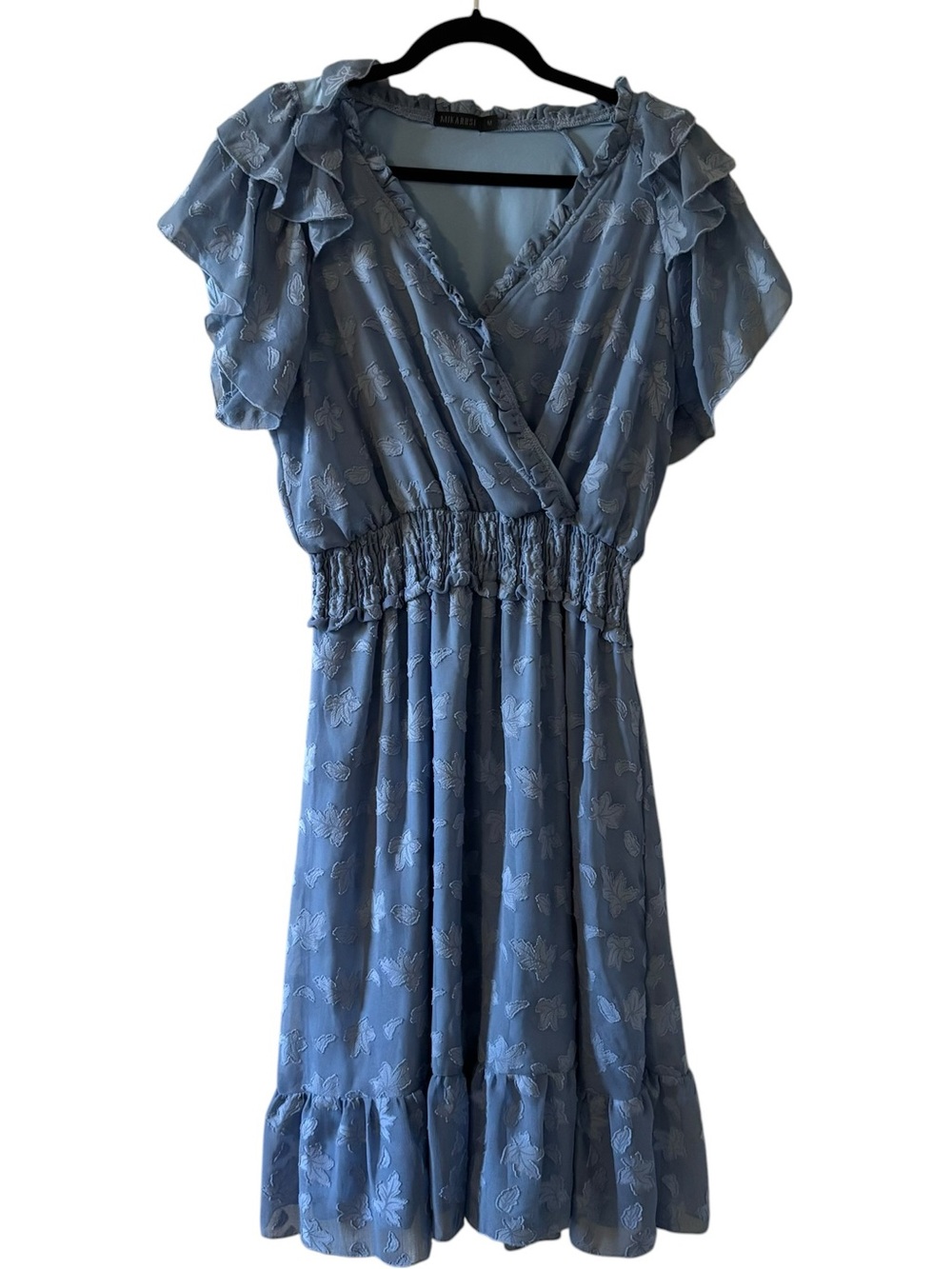 Mikarose Blue Floral Chiffon Midi Dress Womens Medium Flutter Sleeve